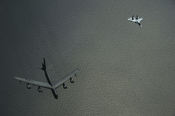 A Russian Su-27 Flanker intercepts a U.S. Air Force B-52H Stratofortress, while participating in Baltic Operations over the Baltic Sea, June 9, 2017. The exercise is designed to enhance flexibility and interoperability, to strengthen combined response capabilities, as well as demonstrate resolve among allied and partner nations forces to ensure stability in, and defend, the Baltic Sea region. Flight intercepts are regular occurrences, and the vast majority are conducted in a safe and professional manner. (U.S. Air Force photo/Staff Sgt. Jonathan Snyder)