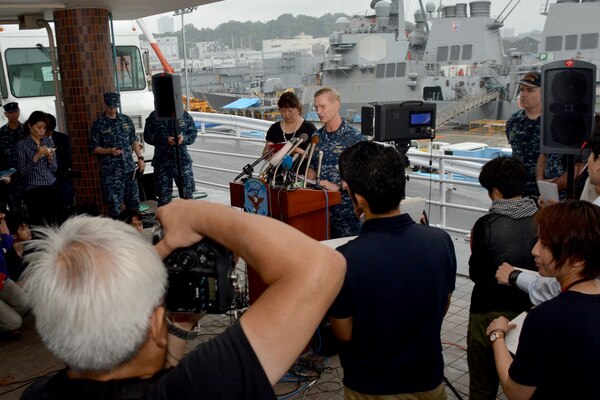 YOKOSUKA, Japan (June 18, 2017) – Vice Adm. Joseph Aucoin speaks to members of the press about the Arleigh Burke-class guided-missile destroyer USS Fitzgerald (DDG 62) which was involved in a collision with a merchant vessel. The Fitzgerald suffered severe damage but returned to Fleet Activities (FLEACT) Yokosuka under its own power. The incident is currently under investigation.  (U.S. Navy photo by Mass Communication Specialist 1st Class Peter Burghart/Released)