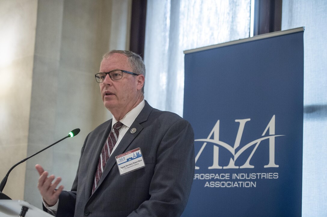 Deputy Secretary of Defense Bob Work speaks at the Aerospace Industries Association reception in Paris, June 18, 2017, in Paris.  The AIA is a trade association representing the U.S. aerospace and defense industry. DoD photo by Air Force Tech. Sgt. Brigitte N. Brantley