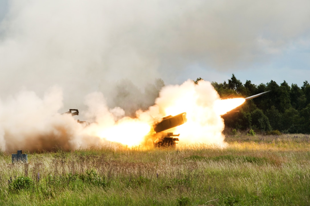 An M142 high mobility artillery rocket system fires its payload during exercise Saber Strike 17 at Bemowo Piskie Training Area, in Poland, June 16, 2017. Army photo by Spc. Samuel Brooks