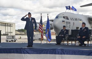 Col. Mark Harris, 437th Maintenance Group incoming commander salutes his new Airmen during a change of command ceremony at Joint Base Charleston, S.C., June 16, 2017. Harris came to Charleston after serving as chief of staff for the deputy chief of staff of Strategic Plans, Programs and Requirements at the Pentagon, Washington, D.C.   