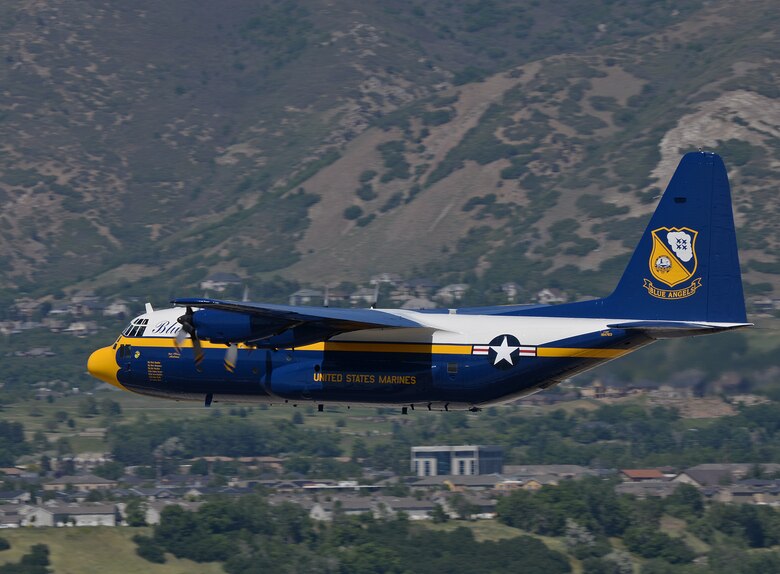 Fat Albert, flown by the 514th Flight Test Squadron, completes a low pass by the control tower June 5 at Hill Air Force Base, Utah. Blue Angels members were present to witness the flight. (U.S. Air Force Photo by Alex R. Lloyd)