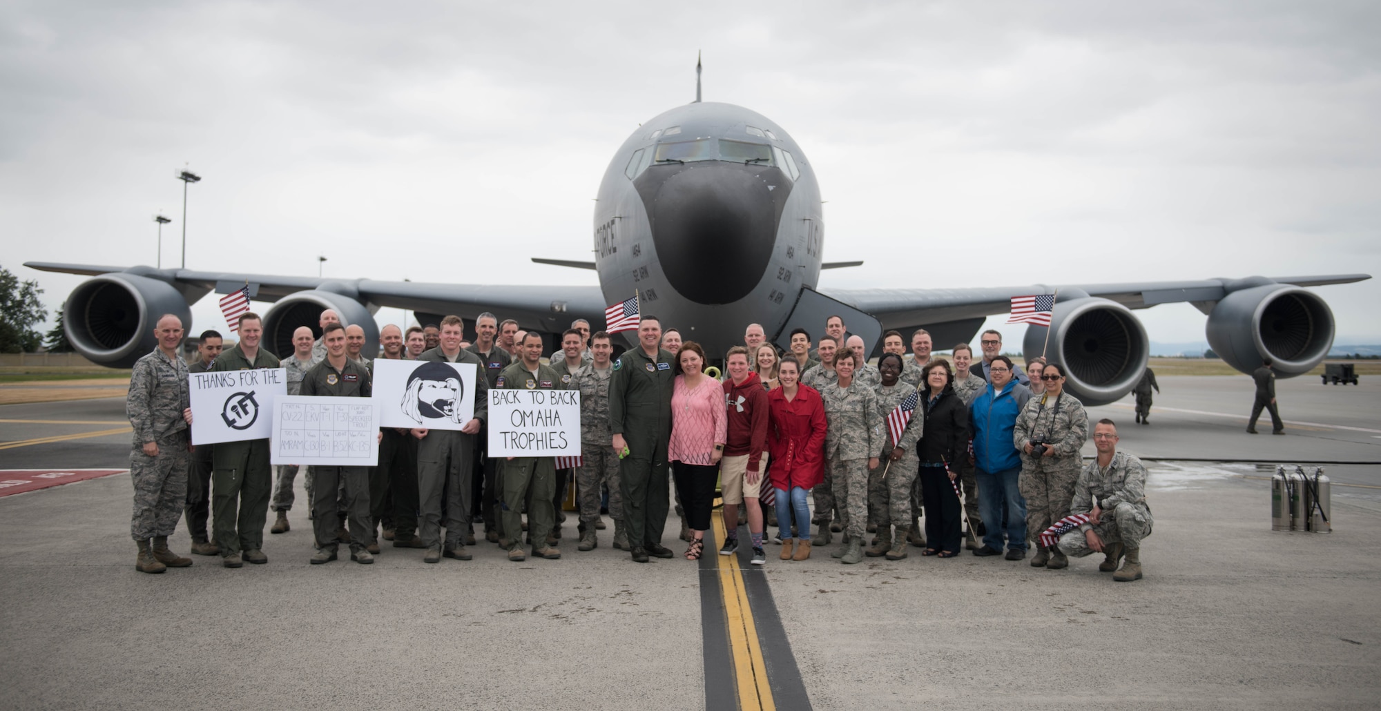 Col. Matthew Fritz, 92nd Air Refueling Wing vice commander, his family and other members of Team Fairchild celebrate following Fritz’s final flight of a KC-135 Stratotanker June 15, 2017, at Fairchild Air Force Base, Washington. A native of Arthur, Illinois, he received his commission in May 1993 from the Reserve Officer Training Corps at Southern Illinois University. (U.S. Air Force photo/Senior Airman Sean Campbell) 