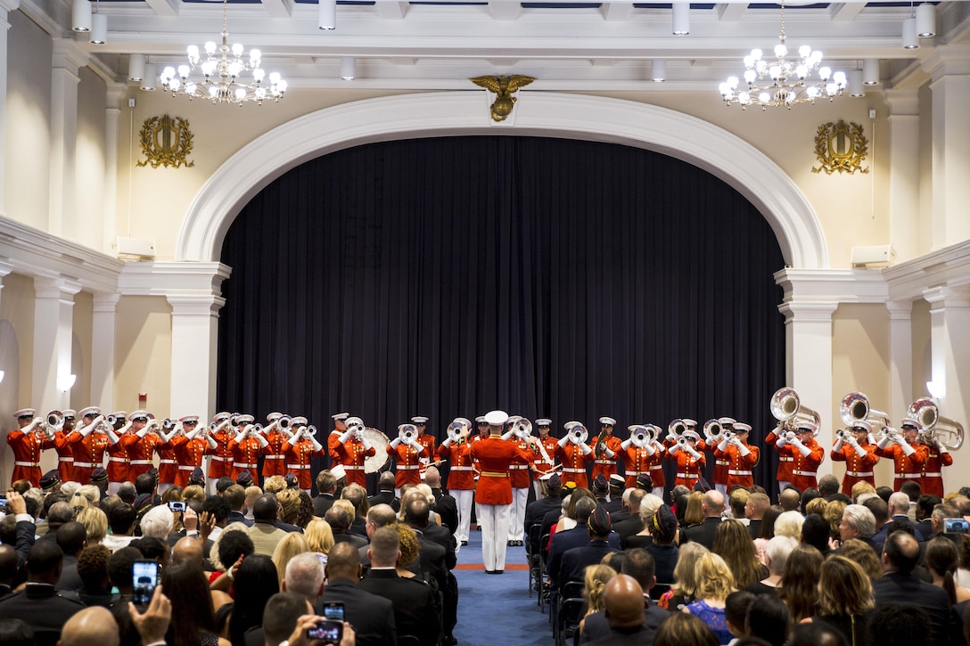 The “Commandant’s Own” Drum & Bugle Corps performs inside a reception room during an Evening Parade at the Marine Barracks Washington, D.C., June 16, 2017. Approximately 21 presidents, chancellors and commissioners from historically black colleges, universities and conferences travelled from around the country to build and sustain meaningful relationships between their organizations and the Marine Corps. While at parade, guests met members of the National Montford Point Marine Association, Lt. Gen. Ronald Bailey, the most senior African American Marine, and several other diverse leaders of the Marine Corps.