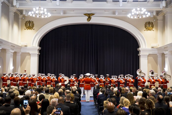 The “Commandant’s Own” Drum & Bugle Corps performs inside a reception room during an Evening Parade at the Marine Barracks Washington, D.C., June 16, 2017. Approximately 21 presidents, chancellors and commissioners from historically black colleges, universities and conferences travelled from around the country to build and sustain meaningful relationships between their organizations and the Marine Corps. While at parade, guests met members of the National Montford Point Marine Association, Lt. Gen. Ronald Bailey, the most senior African American Marine, and several other diverse leaders of the Marine Corps.