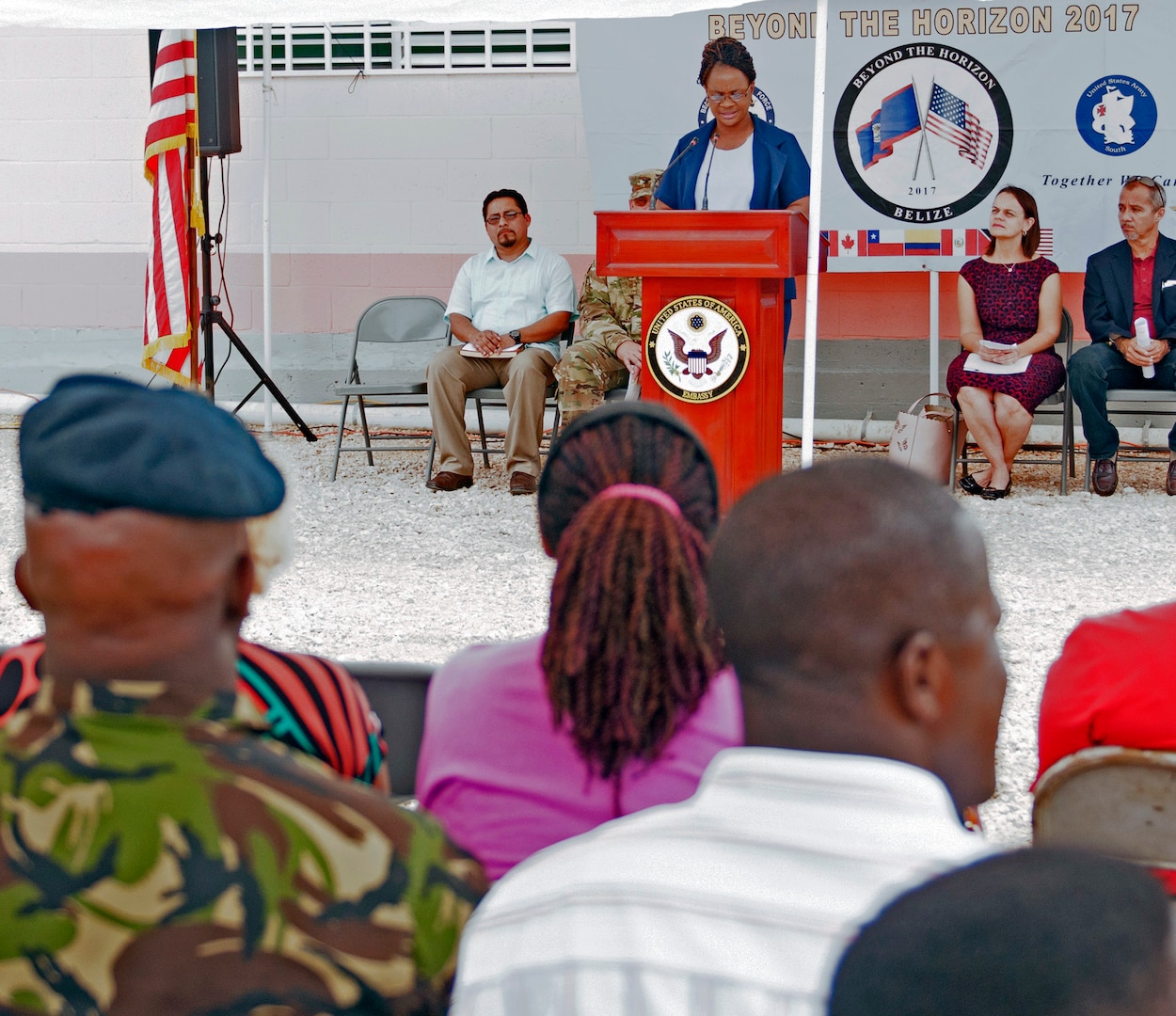 Nurse Sharon Espinoza, Ministry of Health nursing supervisor, speaks at the Ladyville Health Center ribbon-cutting ceremony June 9 in Ladyville, Belize. Construction of the building was completed as part of Beyond the Horizon 2017, a collaborative training exercise between U.S. Army South, the Belize Defence Force, other Central American nations and local and international NGOs, providing medical and engineering services throughout Belize. The new facility will more than double the capacity of the existing structure providing a wider range of availble medical options at the primary care level.