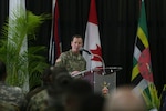 U.S. Army Lt. Gen. Joseph P. DiSalvo, the U.S. Southern Command military deputy commander, speaks to distinguished guests and service members from 20 nations during the closing ceremony for Phase II of Tradewinds 2017 in Chaguaramas, Trinidad and Tobago, June 17, 2017. The overall objective of Tradewinds, an annual exercise sponsored by SOUTHCOM, is to enhance the collective ability of the participating nations to conduct humanitarian assistance and disaster relief operations and counter transnational organized crime. U.S. Marines provided training and logistical support for Phase II of Tradewinds. 