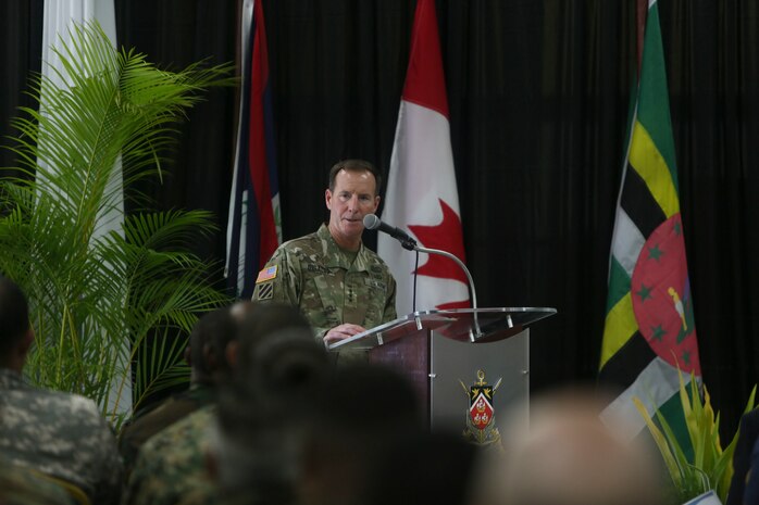 U.S. Army Lt. Gen. Joseph P. DiSalvo, the U.S. Southern Command military deputy commander, speaks to distinguished guests and service members from 20 nations during the closing ceremony for Phase II of Tradewinds 2017 in Chaguaramas, Trinidad and Tobago, June 17, 2017. The overall objective of Tradewinds, an annual exercise sponsored by SOUTHCOM, is to enhance the collective ability of the participating nations to conduct humanitarian assistance and disaster relief operations and counter transnational organized crime. U.S. Marines provided training and logistical support for Phase II of Tradewinds. 