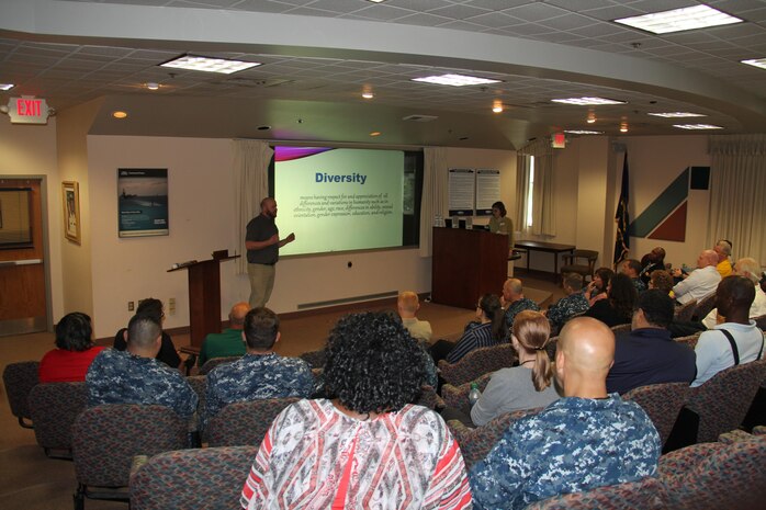 Mr. Cory Gerwe from the LGBT Center of Hampton Roads led a talk on "Developing Cultural Competency" at Combat Direction Systems Activity (CDSA) Dam Neck on 15 June. The presentation and discussion were part of 2017 Lesbian, Gay, Bisexual, and Transgender (LGBT) Pride Month. Ms. Irma Hinkle of the LGBT Center of Hampton Roads was also on hand.