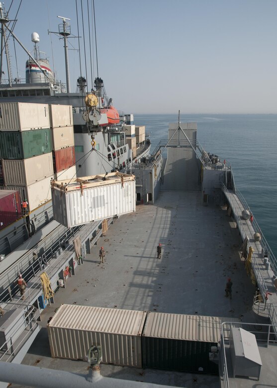The Military Sealift Command Vessel Gem State transfers a container to the U.S. Army Watercraft Logistics Support Vessel 5 (LSV-5), “Maj. Gen. Charles P. Gross,” during an in-stream cargo transfer exercise in the Persian Gulf, on June 13, 2017. The vessels moved containers from one boat to the other using the Gem State’s crane, in order to demonstrate the LSV’s sustainment support capabilities. (U.S. Army photo by Sgt. Jeremy Bratt)