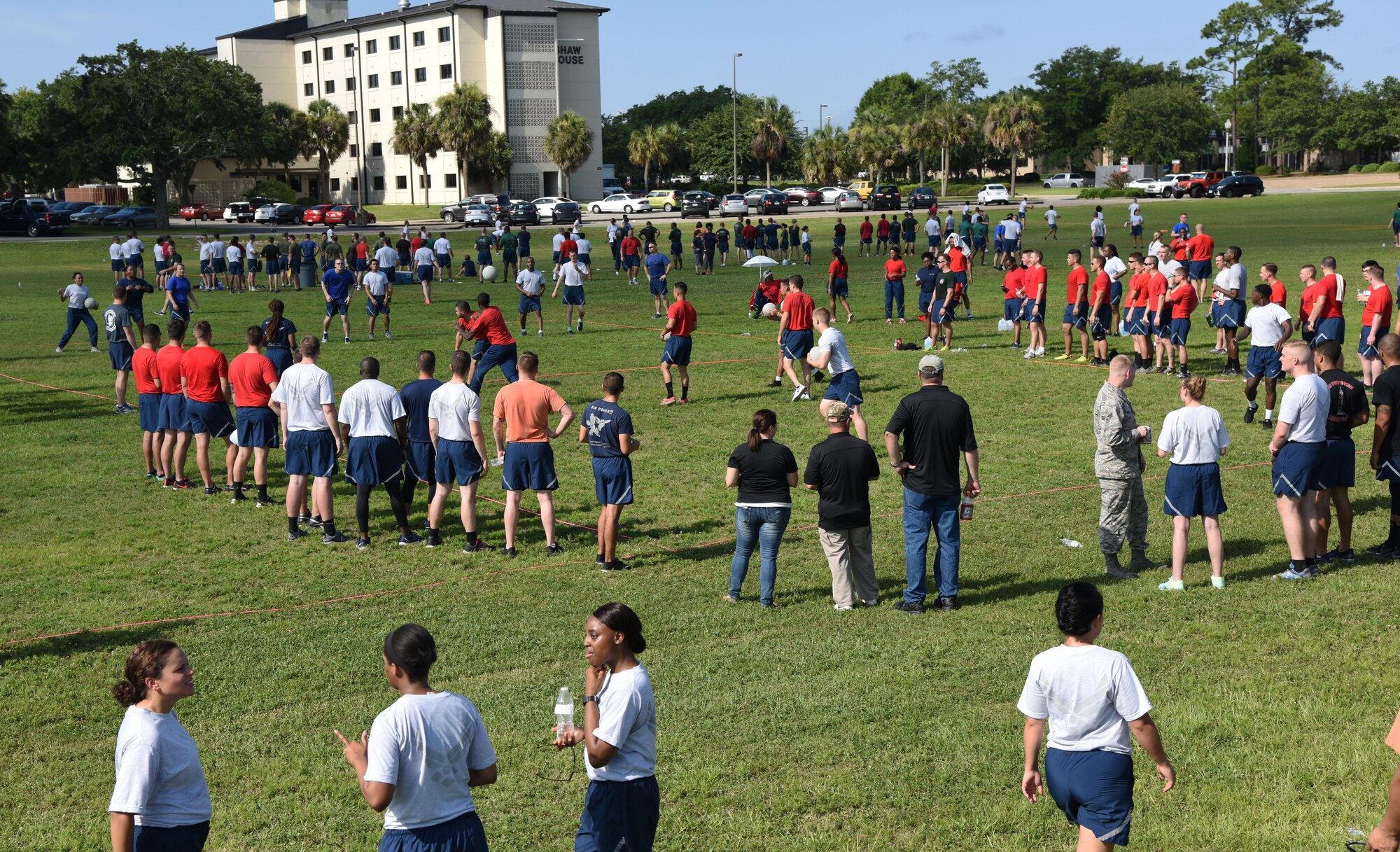 Keesler personnel gather to play competitive sports such as dodgeball and ultimate football during field day June 15, 2017, on Keesler Air Force Base, Miss. Field day was the final event of Wingman Week, which focused on the physical pillar of Comprehensive Airman Fitness, resiliency and teambuilding initiatives across the base. (U.S. Air Force photo by Kemberly Groue)