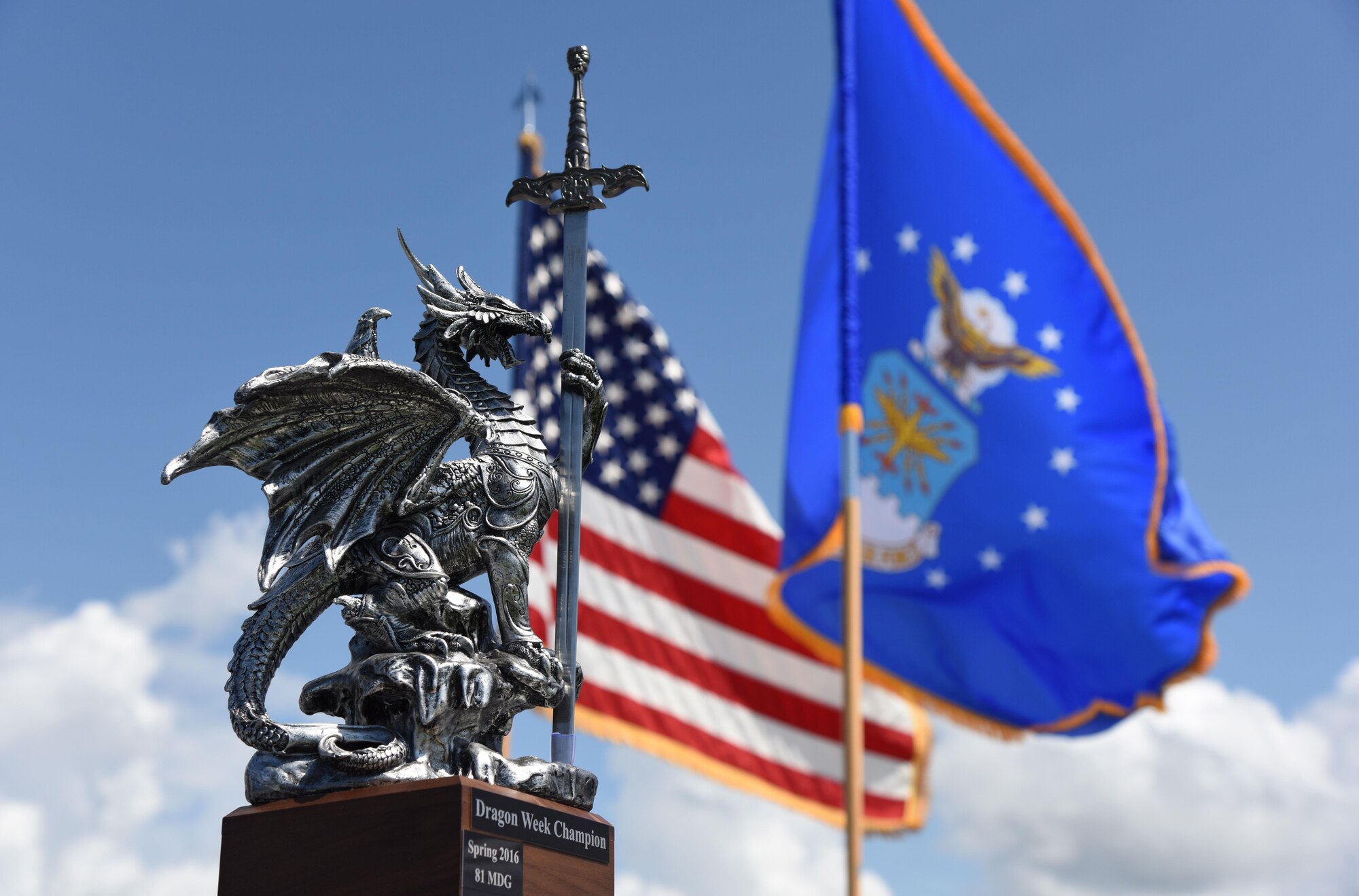 The Dragon Week Champion trophy sits on display during field day events June 15, 2017, on Keesler Air Force Base, Miss. Field day was the final event of Wingman Week, which focused on the physical pillar of Comprehensive Airman Fitness, resiliency and teambuilding initiatives across the base. The Mission Support Group team earned the trophy by accumulating the most points by participating in and winning the most sporting events throughout the week. (U.S. Air Force photo by Kemberly Groue)