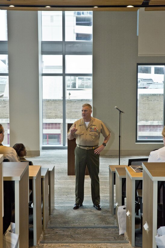 U.S. Marine Corps Gen. Glenn M. Walters, 34th assistant commandant of the Marine Corps, speaks during the 2017 Joint Women's Leadership Symposium, Norfolk, Va., June 15, 2017. Walters spoke on the progress to address behaviors and attitudes demonstrated by the Marines United Facebook Page as well as updates on female integration into combat roles. (U.S. Marine Corps photo by Lance Cpl. Hailey D. Clay)