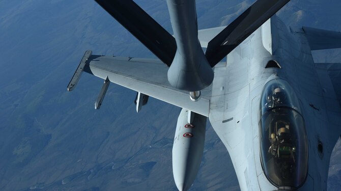 A Republic of Korea Air Force F-16 Fighting Falcon receives fuel from a U.S. Air Force KC-135 Stratotanker, above Canada, during Red Flag-Alaska (RF-A)  17-2, June 13, 2017. RF-A enhances security relations with key partner nations by demonstrating U.S. resolve to support the security and humanitarian interests of friends and allies in the region. (U.S. Air Force photo/Senior Airman Chris Thornbury)