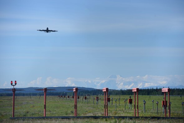 A U.S. Air Force KC-135 Stratotanker takes-off during Red Flag-Alaska (RF-A) 17-2 at Eielson Air Force Base, Alaska, June 14, 2017. Four aircrew from McConnell Air Force Base, Kan., took two KC-135s to provide warfighting support during RF-A, a 2-week exercise that aims to develop and improve U.S. and partner nation combat readiness and combined interoperability. (U.S. Air Force photo/Senior Airman Chris Thornbury)