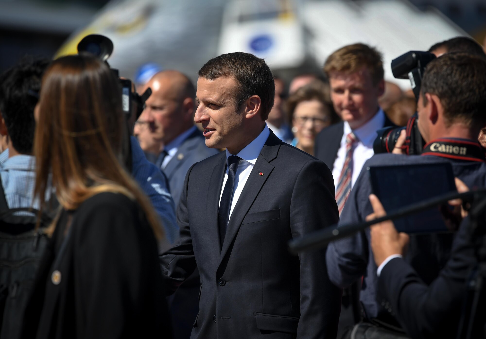 French President Emmanuel Macron visits the U.S. military corral at the Paris Air Show, June 19, 2017 at Le Bourget, France. Held every year, the Paris Air Show represents a unique opportunity for the United States to showcase its leadership in aerospace technologies. Direct participation in the air show supports U.S. government security policy and strategic defense objectives. (U.S. Air Force photo/ Tech. Sgt. Ryan Crane)