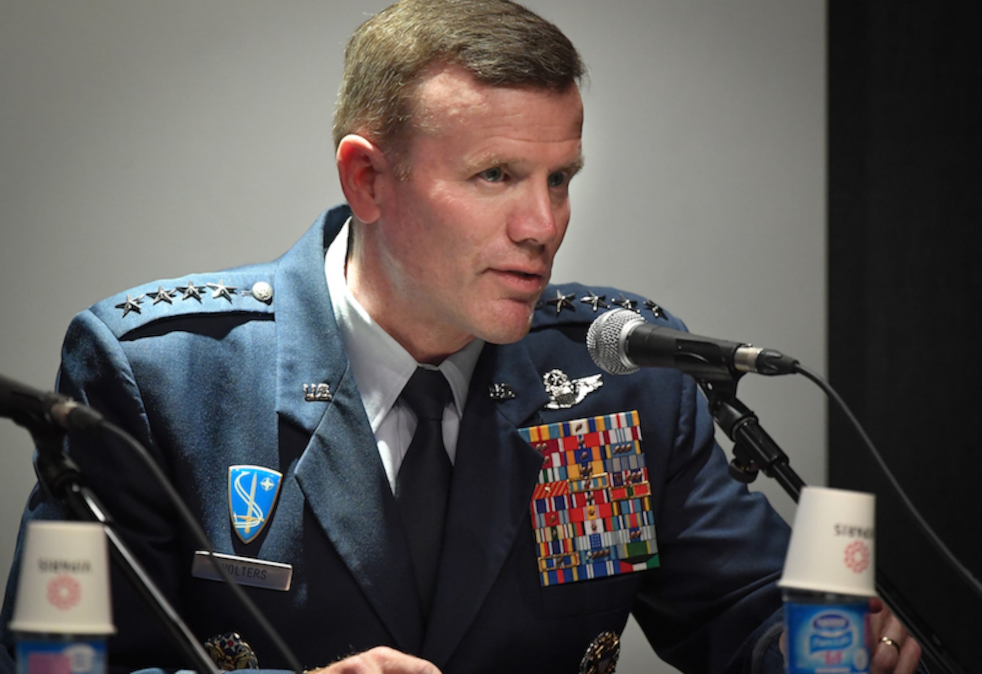 Gen. Tod D. Wolters, U.S. Air Forces in Europe and Air Forces Africa commander, answers questions during a media event at the Paris Air Show, June 19, 2017 at Le Bourget, France. Held every year, the Paris Air Show represents a unique opportunity for the United States to showcase its leadership in aerospace technologies. Direct participation in the air show supports U.S. government security policy and strategic defense objectives. (U.S. Air Force photo/ Tech. Sgt. Ryan Crane)