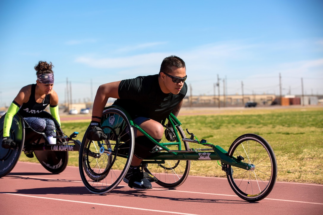 Army veteran Jarred Vaina conducts practices laps in the racing wheelchair for the Warrior Care and Transition's Army Trials at Fort Bliss Texas, March 30, 2017. About 80 wounded, ill and injured active-duty soldiers and veterans are competing in eight different sports April 2-6 for the opportunity to represent Team Army at the 2017 Defense Department Warrior Games. Army photo by Spc. Fransico Isreal