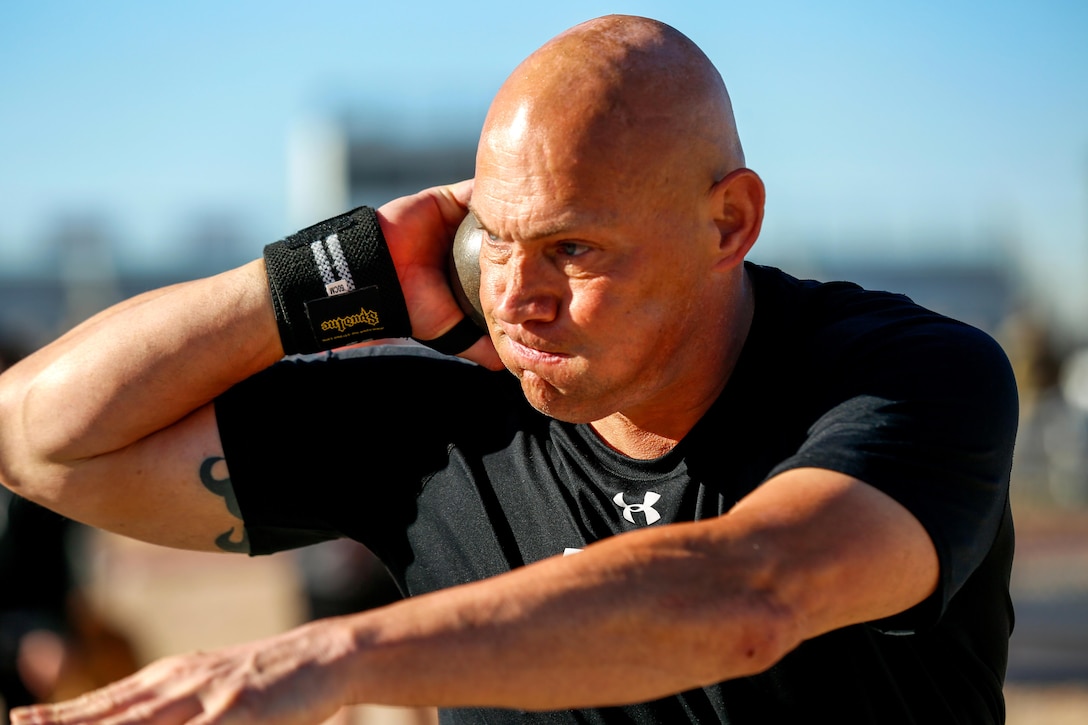 Army veteran Eddie Johnson participates in the shot put event during the Warrior Care and Transition's Army Trials at Fort Bliss, Texas, April 5, 2017. Army photo by Spc. Fransico Isreal