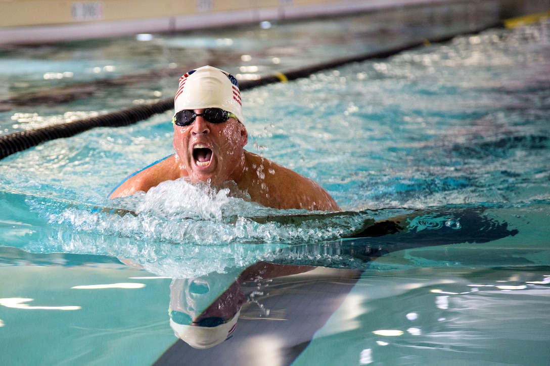 Army veteran Dean Brink competes in the swimming event during the Warrior Care and Transition's Army Trials at Fort Bliss, Texas, April 6, 2017. Army photo by Pfc. Genesis Gomez