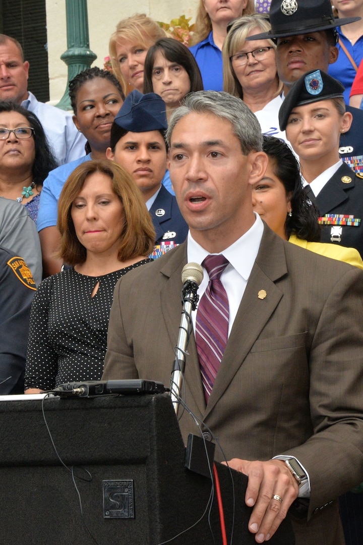 City of San Antonio Mayor-Elect Ron Nirenberg speaks to those gathered at the unveiling ceremony for the newly trademarked Military City USA logo at City Hall June 19.