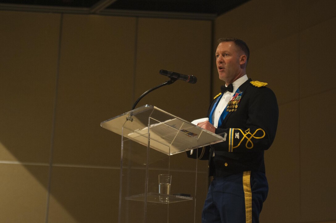 U.S. Army Col. Brian Lieb, gives remarks during the Army Ball at the McNease Convention Center San Angelo, Texas, June 16, 2017. Lieb was invited as the guest speaker and in his speech talked about his career and service. (U.S. Air Force photo by Senior Airman Scott Jackson/Released)