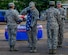 Senior Airman Anthony Padilla, 96th Aircraft Maintenance Squadron, folds the blue star section of the flag. Cutting the blue field of stars from the red and white stripes, thereby renders it no longer a flag. Honor Guards from Eglin Air Force Base and Hurlburt Field participated in the flag retirement ceremony held at the American Legion Post 235 in Fort Walton Beach, June 14. (U.S. Air Force photo/Kristin Stewart)