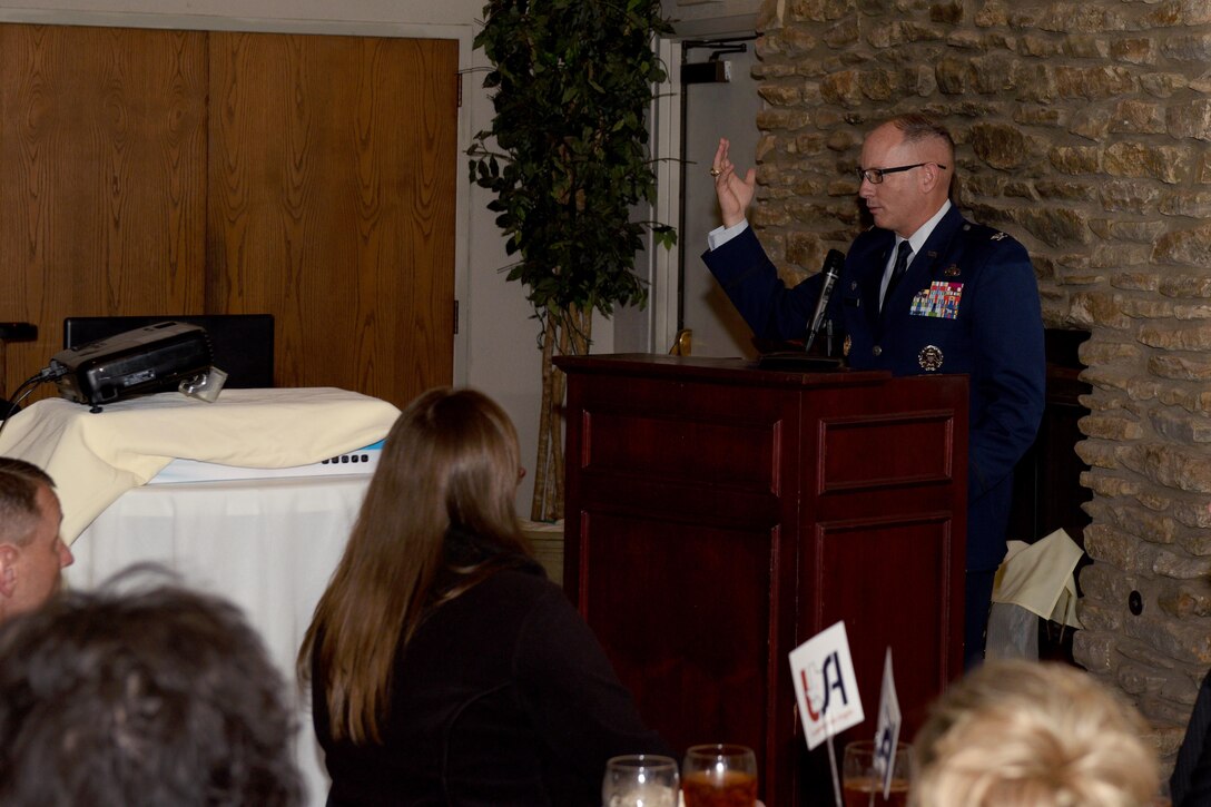 U.S. Col. Michael Downs, 17th Training Wing Commander, speaks during the Chamber of Commerce luncheon at the Bentwood Country Club in San Angelo, Texas, June 13, 2017. The Chamber held the luncheon congratulate the Leadership San Angelo graduates and to support businesses in the local area. Leadership San Angelo is designed to help develop future leaders for the city by providing intensive training in areas strategic to the city's well-being. (U.S. Air Force photo by Airman 1st Class Randall Moose/Released) 