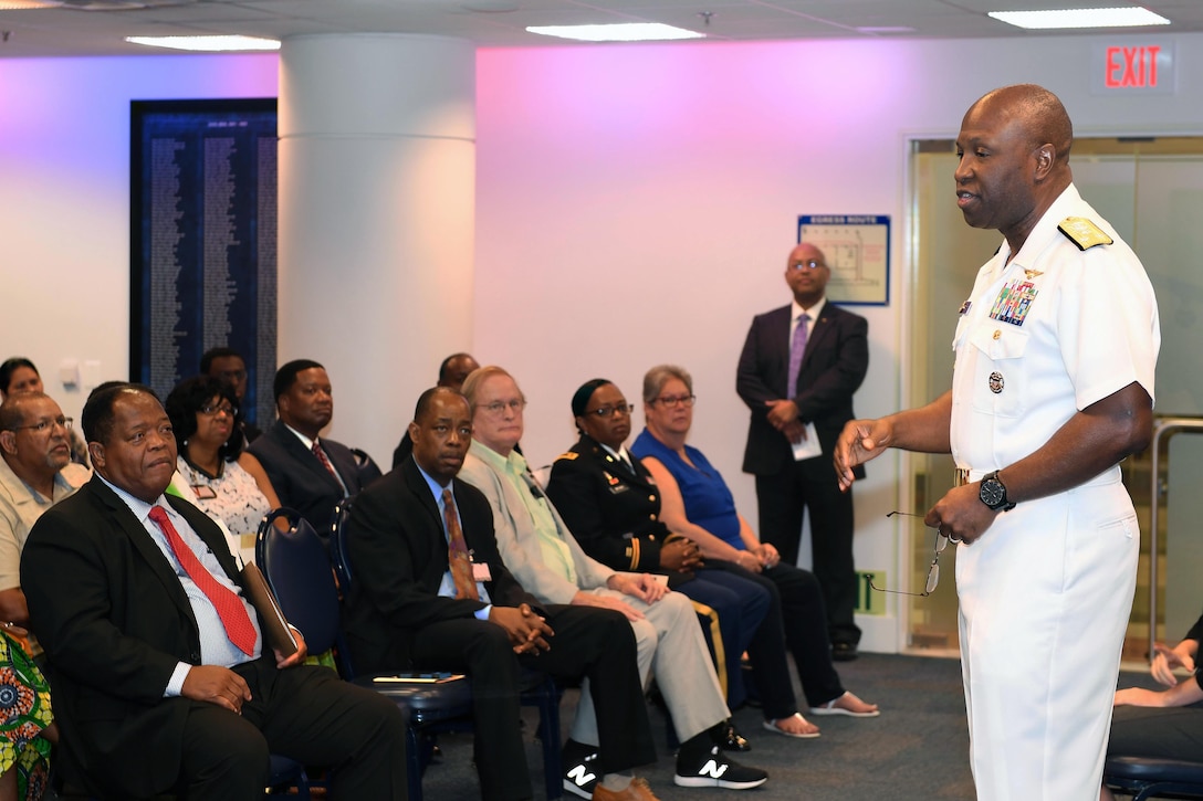 Navy Vice Adm. Kevin D. Scott, the Joint Staff's director of joint force development, speaks during the Defense Department's Juneteenth observance ceremony in the Pentagon's Hall of Heroes, June 19, 2017. Army photo by Leroy Council