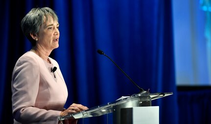Secretary of the Air Force Heather Wilson speaks about the important role communities play in supporting the Air Fore mission at the 2017 Defense Communities National Summit, Washington, D.C., June 19, 2017. (U.S. Air Force photo/Wayne A. Clark)