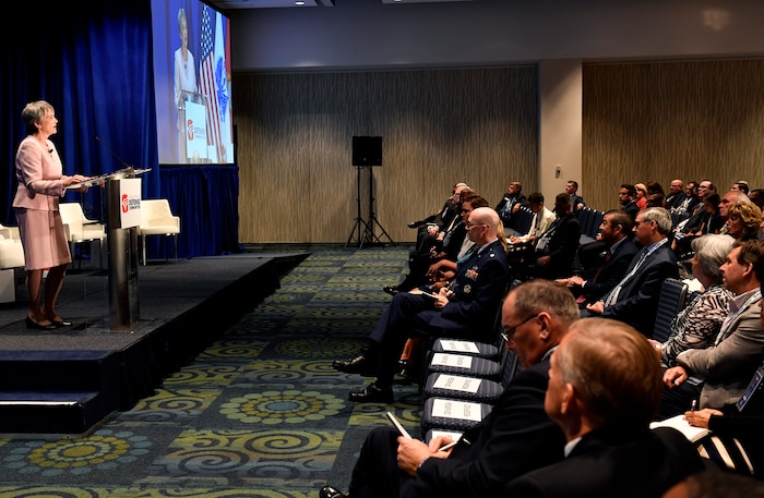 Secretary of the Air Force Heather Wilson speaks about the important role communities play in supporting the Air Fore mission at the 2017 Defense Communities National Summit, Washington, D.C., June 19, 2017. (U.S. Air Force photo/Wayne A. Clark)