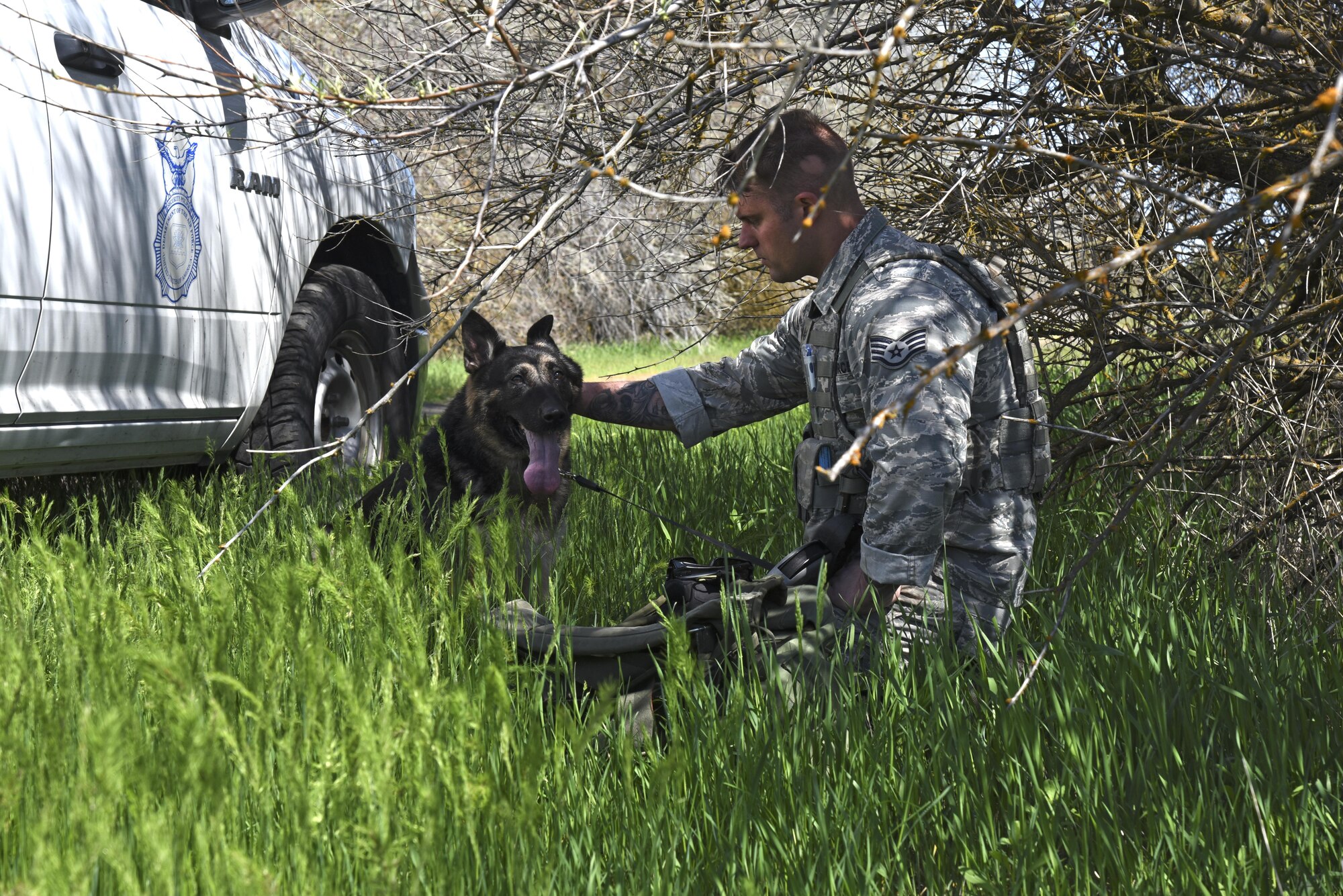 Staff Sgt. Brian Brady, 92nd Security Forces Squadron Military Working Dog handler, rests with MWD Bety during a ruck march May 10, 2017, at Fairchild Air Force Base, Washington. When deployed, the handler is not only carrying more than 50 pounds of their own equipment, they are carrying their K-9’s equipment and at times, their K-9. A dog’s stamina will be tested when for hours on end, they sweep for explosives in 100 degree weather. (U.S. Air Force photo/Senior Airman Mackenzie Richardson)