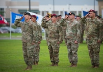 Soldiers of the 7th Special Forces Group (Airborne) salute during a change of command ceremony June 15 at Eglin Air Force Base, Fla. During the ceremony Col. Michael Ball relinquished command of the 7th SFG(A) to Col. Patrick Colloton. Colloton previously served as the 7th SFG(A) 1st Battalion commander. (U.S. Air Force photo/Ilka Cole)