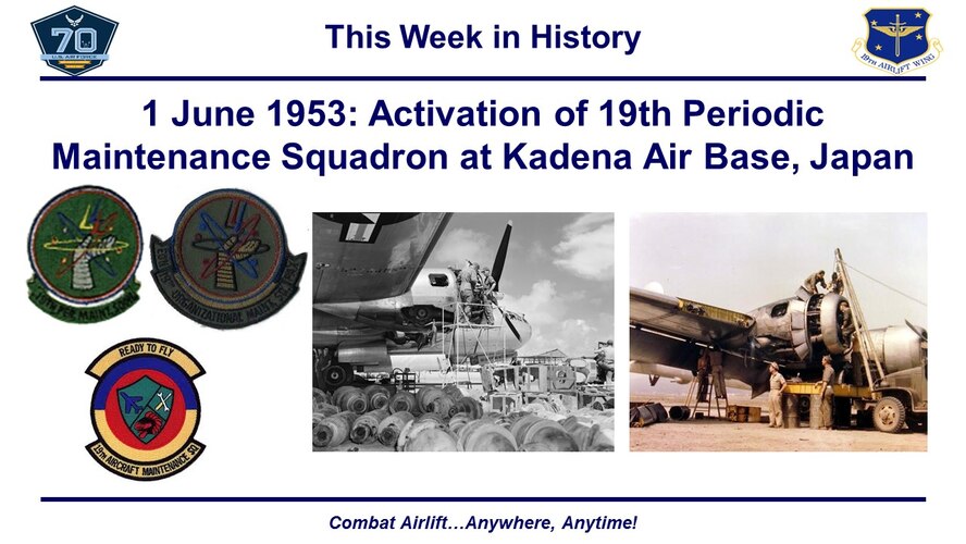 Happy birthday to the 19th Aircraft Maintenance Squadron! On June 1, 1953, the 19th Periodic Maintenance Squadron activated at Kadena Air Base, Japan.  
It did so in an effort to improve the aircraft-in-commission rates of the 19th Bombardment Wing’s B-29s.  

After three years of constant flying in the Korean War, the planes of the 19 BW desperately needed reliable maintenance to continue its operations.  Beforehand, the 19 BW had depended upon borrowed maintenance and logistics support from other units, and as a result the aircraft-in-commission rate had deteriorated.  

Personnel assigned to the newly activated Periodic Maintenance Squadron were dedicated to the routine inspections of the Wing’s B-29s. Almost immediately after activation, the aircraft-in-commission rates improved significantly.  

In 1956, the unit was redesignated the 19th Organizational Maintenance Squadron, and in 2002, again redesignated as the 19th Aircraft Maintenance Squadron.

The squadron’s original emblem was the SAC hand providing assistance to the Wing’s three flying squadrons, and included are pictures of maintainers on B-29s assigned to the 19th Bombardment Wing.
