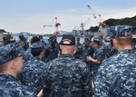 YOKOSUKA, Japan (June 19, 2017) Rear Adm. Greg Fenton, commander of Naval Forces Japan/Navy Region Japan, thanks the crew of the Navy Tug Seminole (YT 805) for their work in helping bring the guided-missile destroyer USS Fitzgerald (DDG 62) back to Fleet Activities Yokosuka after a collision with a merchant vessel June 17, 2017. The incident is under investigation. (U.S. Navy photo by Mass Communication Specialist 2nd Class Richard L.J. Gourley/Released)