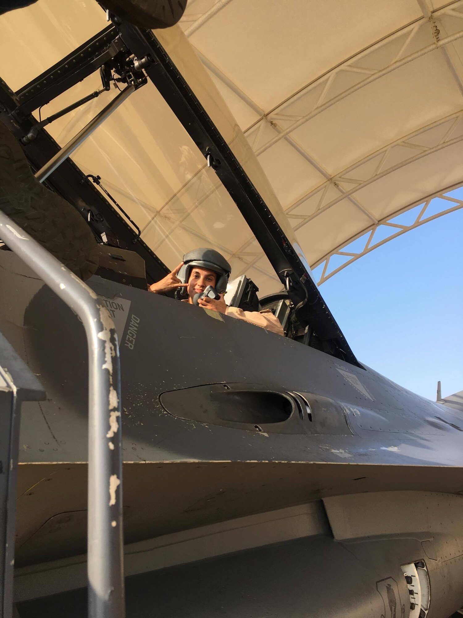 U.S. Air Force Airman 1st Class Jaimie Smith, a 14th Fighter Squadron crew chief, gets ready for her first-ever ride in an F-16 Fighting Falcon at Kunsan Air Base, Republic of Korea, June 15, 2017. The fighter squadron gives Airmen rides while TDY as a thank you for their hard work and dedication to the air frame. It's a way of giving back and helps show maintainers what it's like once the jet takes off. (Courtesy photo)