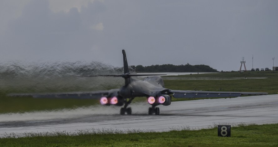 A U.S. Air Force B-1B Lancer aircraft assigned to the 9th Expeditionary Bomb Squadron, deployed from Dyess Air Force Base, Texas, takes off from Andersen Air Force Base, Guam, for a 10-hour mission, flying in the vicinity of Kyushu, Japan, the East China Sea, and the Korean peninsula, June 20, 2017. The normal/routine employment of continuous bomber presence (CBP) missions in the U.S. Pacific Command’s area of responsibility since March 2004 are in accordance with international law & are vital to the principles that are the foundation of the rules-based global operating system.  (U.S. Air Force photo/Tech. Sgt. Richard P. Ebensberger)