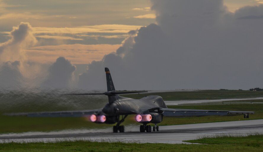 A U.S. Air Force B-1B Lancer aircraft assigned to the 9th Expeditionary Bomb Squadron, deployed from Dyess Air Force Base, Texas, takes off from Andersen Air Force Base, Guam, for a 10-hour mission, flying in the vicinity of Kyushu, Japan, the East China Sea, and the Korean peninsula, June 20, 2017. The normal/routine employment of continuous bomber presence (CBP) missions in the U.S. Pacific Command’s area of responsibility since March 2004 are in accordance with international law & are vital to the principles that are the foundation of the rules-based global operating system.  (U.S. Air Force photo/Tech. Sgt. Richard P. Ebensberger)