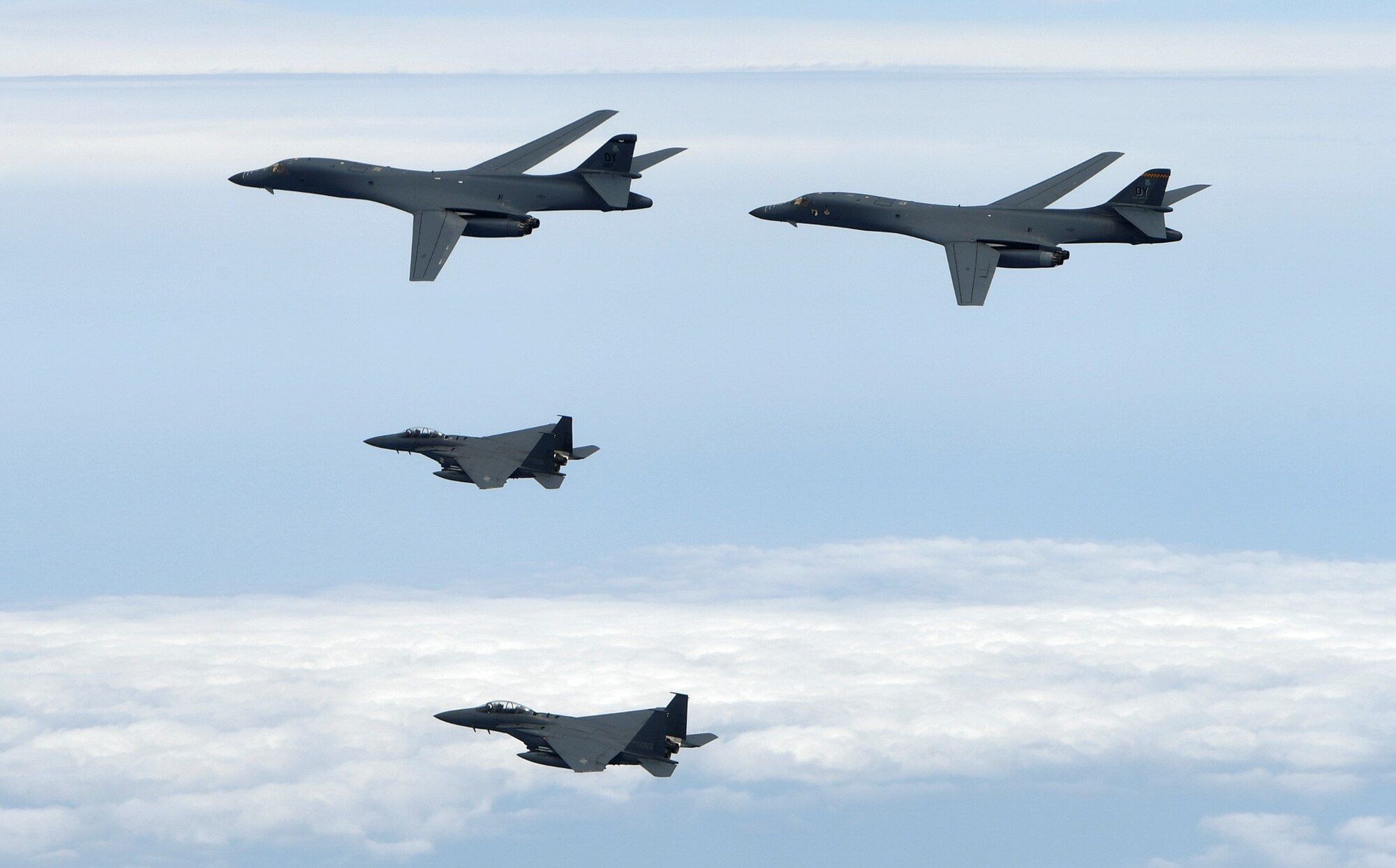 Two U.S. Air Force B-1B Lancers assigned to the 9th Expeditionary Bomb Squadron, deployed from Dyess Air Force Base, Texas, fly a 10-hour mission from Andersen Air Force Base, Guam, with two Republic of Korea air force F-15s in the vicinity of the Korean peninsula, June 20, 2017. These flights with the Republic of Korea (ROK) demonstrate solidarity between the ROK and U.S. to defend against provocative and destabilizing actions in the Pacific theater. (Courtesy photo)