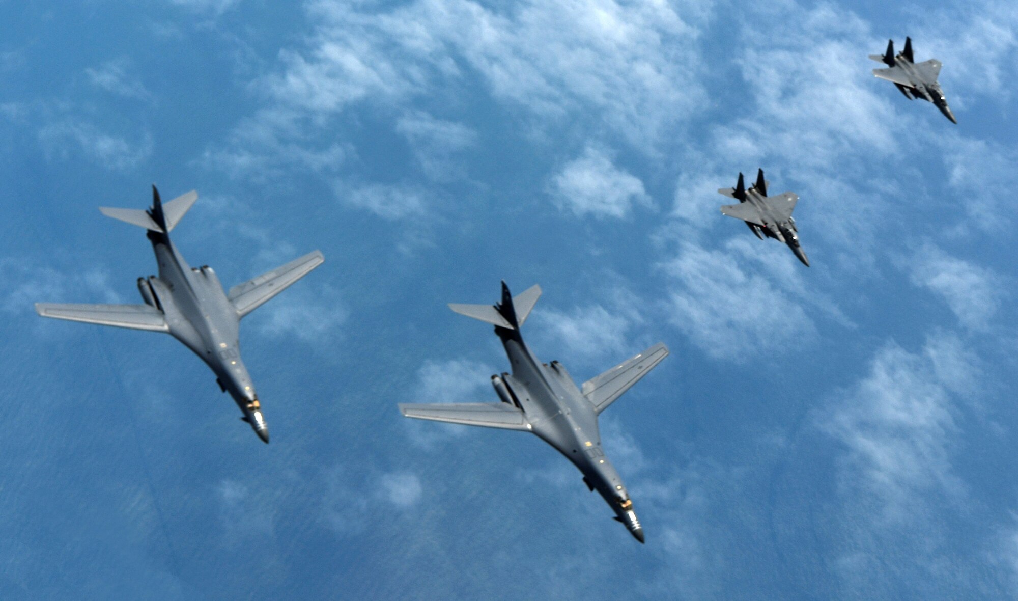 Two U.S. Air Force B-1B Lancers assigned to the 9th Expeditionary Bomb Squadron, deployed from Dyess Air Force Base, Texas, fly a 10-hour mission from Andersen Air Force Base, Guam, with two Republic of Korea air force F-15s in the vicinity of the Korean peninsula, June 20, 2017. These flights with the Republic of Korea (ROK) demonstrate solidarity between the ROK and U.S. to defend against provocative and destabilizing actions in the Pacific theater. (Courtesy photo)