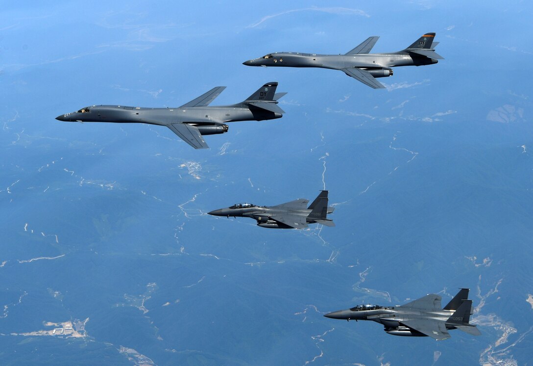Two U.S. Air Force B-1B Lancers assigned to the 9th Expeditionary Bomb Squadron, deployed from Dyess Air Force Base, Texas, fly a 10-hour mission from Andersen Air Force Base, Guam, with two Republic of Korea air force F-15s in the vicinity of the Korean peninsula, June 20, 2017. These flights with the Republic of Korea (ROK) demonstrate solidarity between the ROK and U.S. to defend against provocative and destabilizing actions in the Pacific theater. (Courtesy photo)