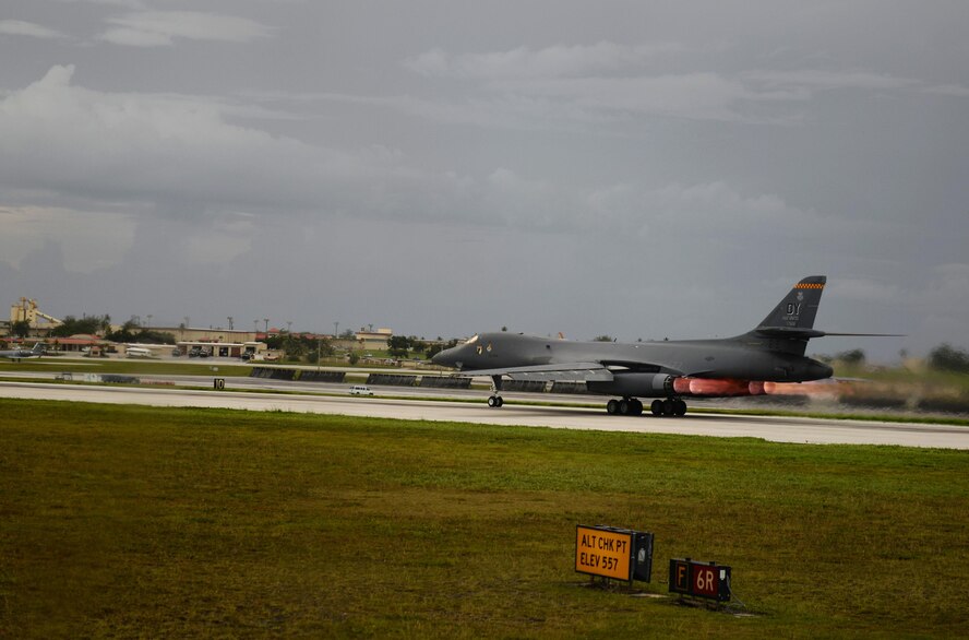 A U.S. Air Force B-1B Lancer aircraft assigned to the 9th Expeditionary Bomb Squadron, deployed from Dyess Air Force Base, Texas, takes off from Andersen Air Force Base, Guam, for a 10-hour mission, flying in the vicinity of Kyushu, Japan, the East China Sea, and the Korean peninsula, June 20, 2017. The normal/routine employment of continuous bomber presence (CBP) missions in the U.S. Pacific Command’s area of responsibility since March 2004 are in accordance with international law and are vital to the principles that are the foundation of the rules-based global operating system. (U.S. Air Force photo/Airman 1st Class Gerald R. Willis)