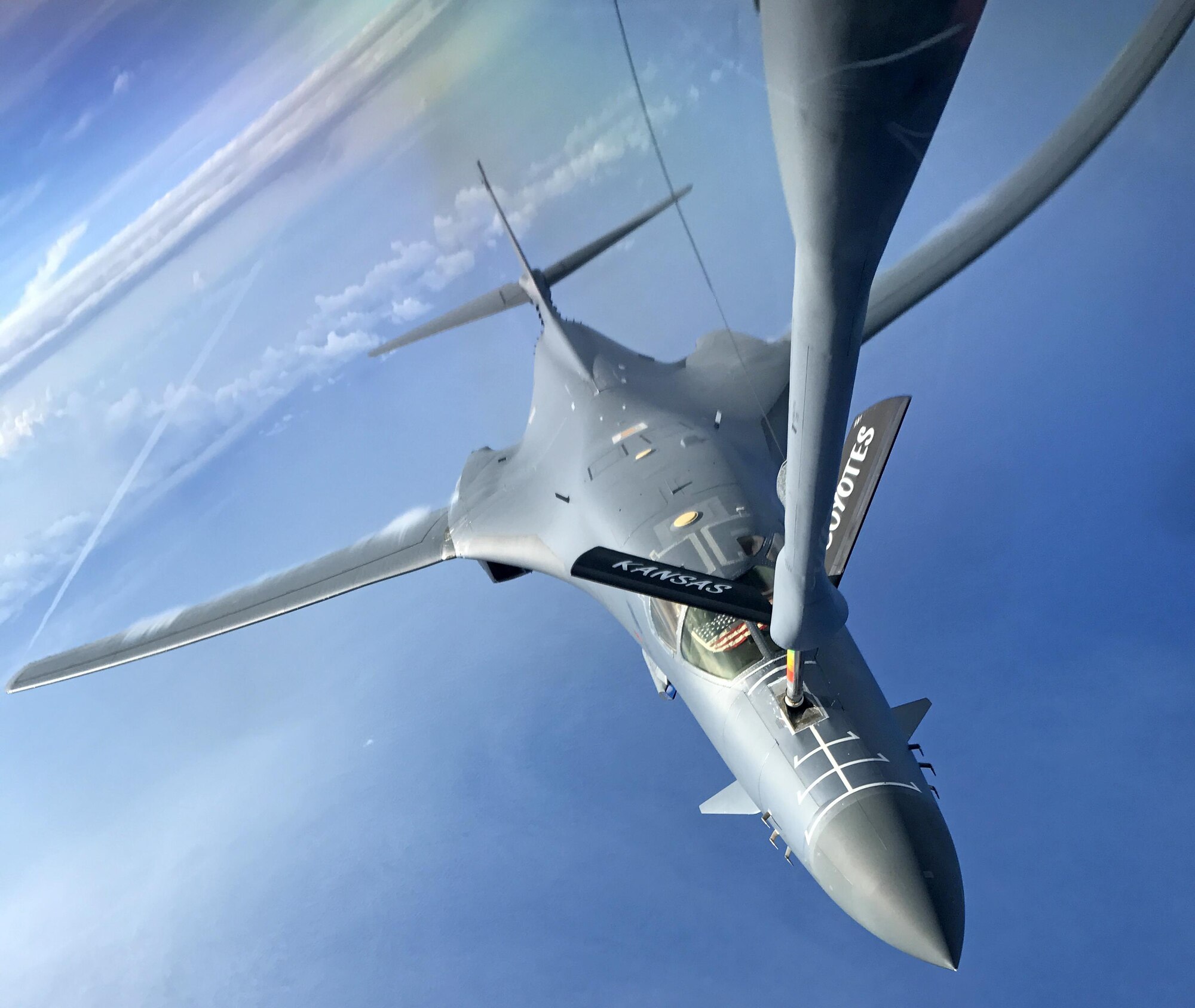 A U.S. Air Force B-1B Lancer assigned to the 9th Expeditionary Bomb Squadron, deployed from Dyess Air Force Base, Texas, flys a 10-hour mission from Andersen Air Force Base, Guam, in the vicinity of Kyushu, Japan, the East China Sea, and the Korean peninsula, operating with the Japan Air Self-Defense Force and Republic of Korea Air Force, June 20, 2017. These sequenced flights with Japan and the Republic of Korea demonstrate the solidarity and resolve we share with our allies, South Korea and Japan, to preserve peace and security in the Indo-Asia-Pacific. (U.S. Air Force photo/Airman 1st Class Gerald R. Willis)