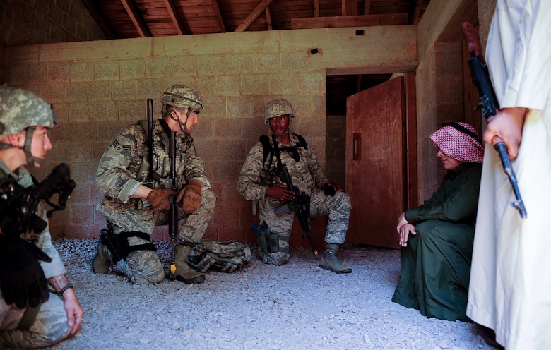 Students engage with volunteers the 435th SFS’s Ground Combat Readiness Training Center Security Operations Course at U.S. Army Garrison Baumholder, Germany, June 15, 2017. Course volunteers help Airmen have a realistic training environment while conducting their missions. (U.S. Air Force photo by Airman 1st Class Savannah L. Waters)