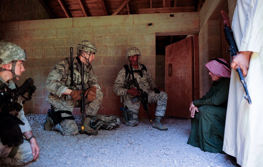 Students engage with volunteers the 435th SFS’s Ground Combat Readiness Training Center Security Operations Course at U.S. Army Garrison Baumholder, Germany, June 15, 2017. Course volunteers help Airmen have a realistic training environment while conducting their missions. (U.S. Air Force photo by Airman 1st Class Savannah L. Waters)