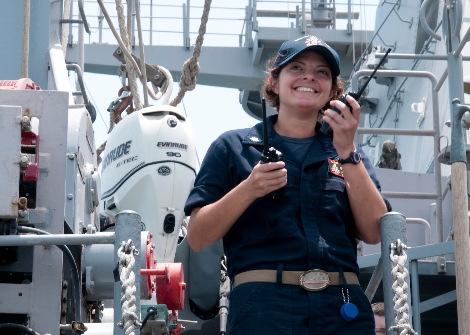 170514-N-XP344-068 ARABIAN GULF (May 14, 2017) Lt. Cmdr. Rebecca Wolf, USS Gladiator's (MCM 11) executive officer, maintains radio contact with crew onboard the Gladiator during shipboard operations in the Arabian Gulf. Gladiator, one of four MCM ships forward deployed to Bahrain and attached to U.S. Naval Forces Central Command's Task Force 52, is a mine sweeper/hunter-killer capable of finding, classifying and destroying mines preserve the freedom of navigation and the free flow of commerce in the U.S. 5th Fleet area of operations. (U.S. Navy photo by Mass Communication Specialist 2nd Class Victoria Kinney)