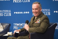 Marine Corps Gen. Joseph F. Dunford Jr., chairman of the Joint Chiefs of Staff, responds to audience questions from moderator Jeff Ballou, the 110th President of the National Press Club, during a luncheon at the NPC building in Washington, D.C., June 19, 2017. Dunford discussed important issues facing the U.S. military, such as the latest strategy for defeating the Islamic State and other terrorist groups, challenges from North Korea, cyber warfare, weapons acquisition, and recruiting and strengthening U.S. alliances. 