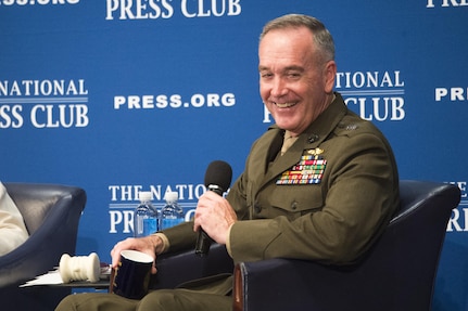 Marine Corps Gen. Joseph F. Dunford Jr., chairman of the Joint Chiefs of Staff, responds to audience questions from moderator Jeff Ballou, the 110th President of the National Press Club, during a luncheon at the NPC building in Washington, D.C., June 19, 2017. Dunford discussed important issues facing the U.S. military, such as the latest strategy for defeating the Islamic State and other terrorist groups, challenges from North Korea, cyber warfare, weapons acquisition, and recruiting and strengthening U.S. alliances. 