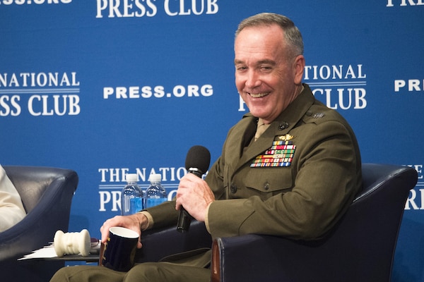 Marine Corps Gen. Joseph F. Dunford Jr., chairman of the Joint Chiefs of Staff, responds to audience questions from moderator Jeff Ballou, the 110th President of the National Press Club, during a luncheon at the NPC building in Washington, D.C., June 19, 2017. Dunford discussed important issues facing the U.S. military, such as the latest strategy for defeating the Islamic State and other terrorist groups, challenges from North Korea, cyber warfare, weapons acquisition, and recruiting and strengthening U.S. alliances. 