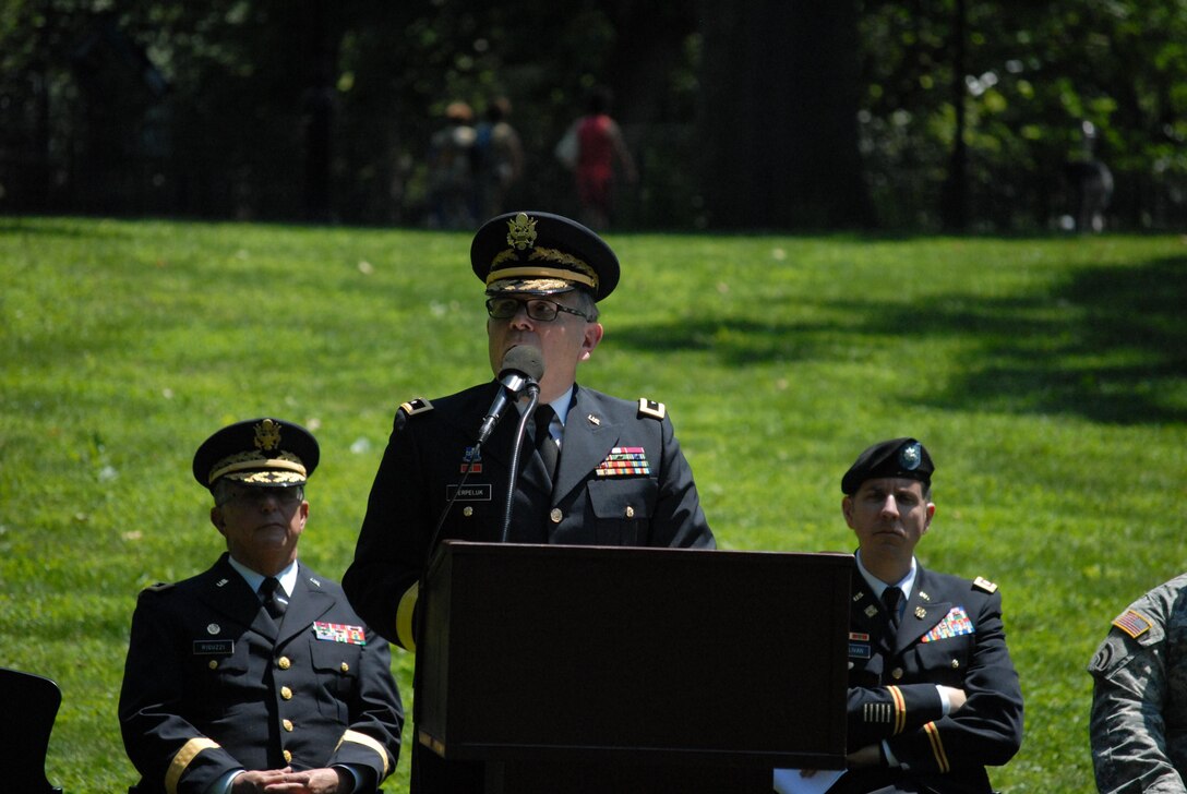 New York City - The U.S. Army Reserve 77th Sustainment Brigade solemnly celebrated 100 years since its founding in a ceremony in Central Park on June 10.  Originally the 77th Infantry Division, the unit stood up in World War I and saw action in the Baccarat, Oise-Aisne, Aisne-Marne, and Meuse-Argonne campaigns.